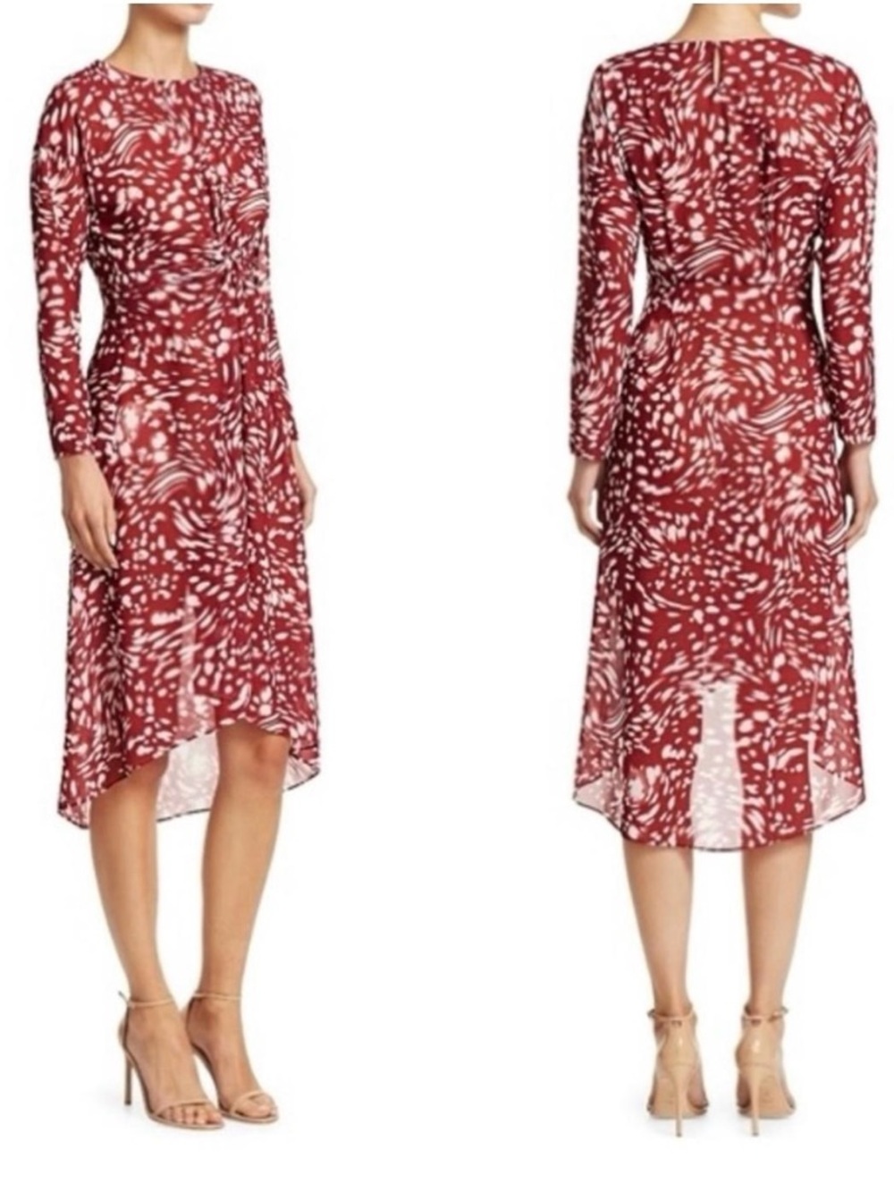 Maje Sheer Red & White Abstract Animal Print Long Sleeve Midi Dress Size Small